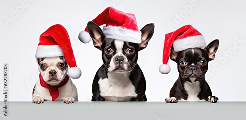 Cute three dog breed wearing in santa hat created with Generative AI technology © pvl0707