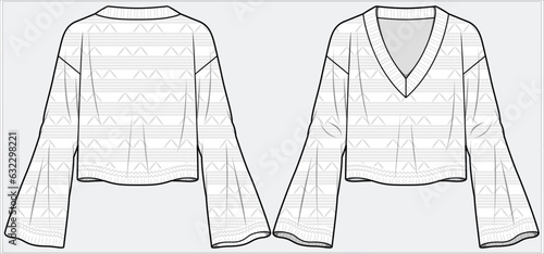 CROPPED LENGTH PATTERNED V NECK CARDIGAN WITH DROP SHOULDER AND FLARED LONG SLEEVES DESIGN FOR WOMEN AND GIRLS IN EDITABLE VECTOR FILE