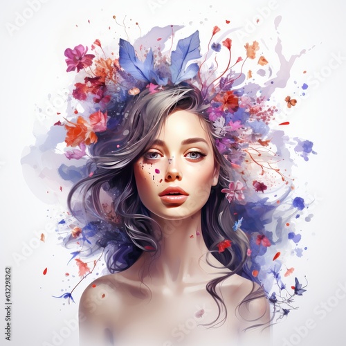 watercolor artwork of a young woman with floral hair