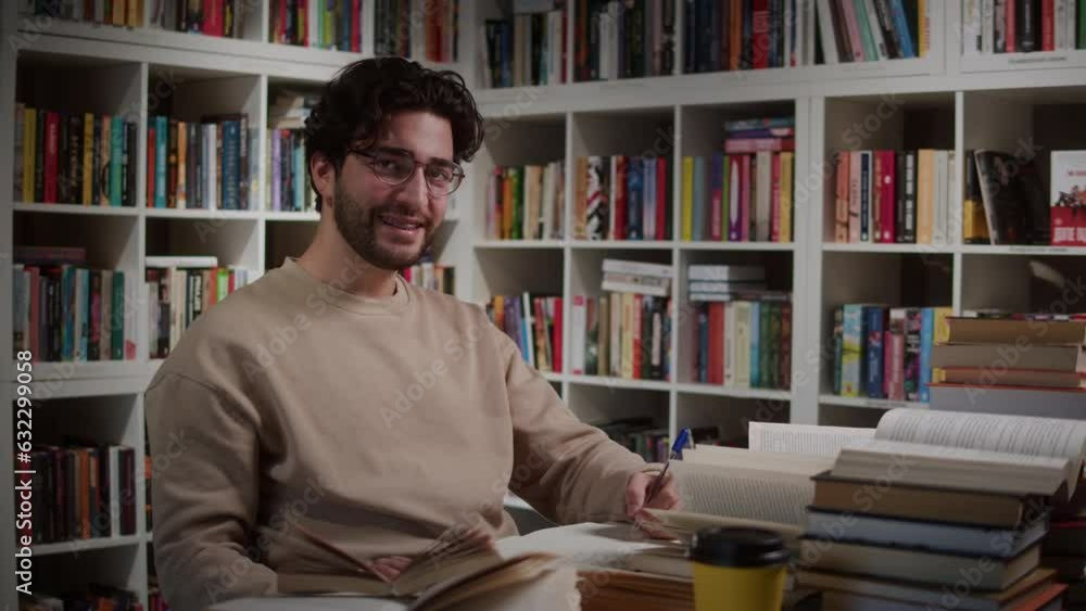 Man reading Book in University Library, Book Shop or Store, Spanish Student Wearing Glasses Standing near Bookshelf Reads Book and Exam Preparations. Man reading Book in University Library, Book Shop or Store, Spanish Student Wearing Glasses Standing near Bookshelf Reads Book and Exam Preparations.