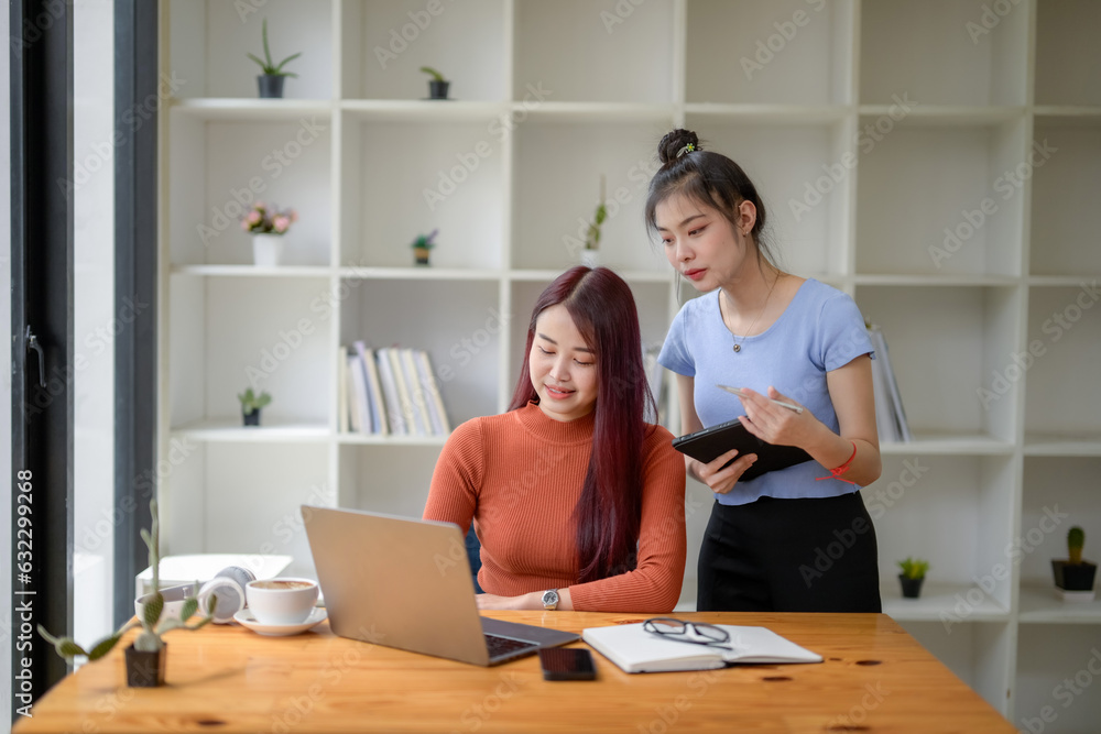 Two Young businesswomen talk, consult, discuss working with new startup project idea. Two Young businesswomen talk, consult, discuss working with new startup project idea.