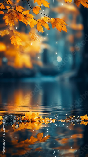 autumn leaves on blurry bokeh background with space for copy for Instagram story and vertical banner wallpaper