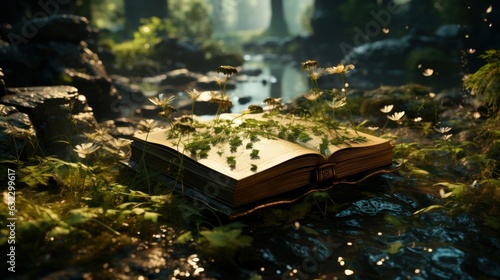 A leather - bound book lying open in a vast forest with butterflies flittering about, lush green and subtle notes of teal, 4K, unreal engine, octane render photo