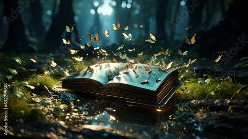 A leather - bound book lying open in a vast forest with butterflies flittering about, lush green and subtle notes of teal, 4K, unreal engine, octane render photo