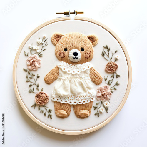 A cute teddy bear wearing a cream dress embroidered on a circular embroidery frame, isolated against a white background - gift for a child at a baby shower - Generative AI