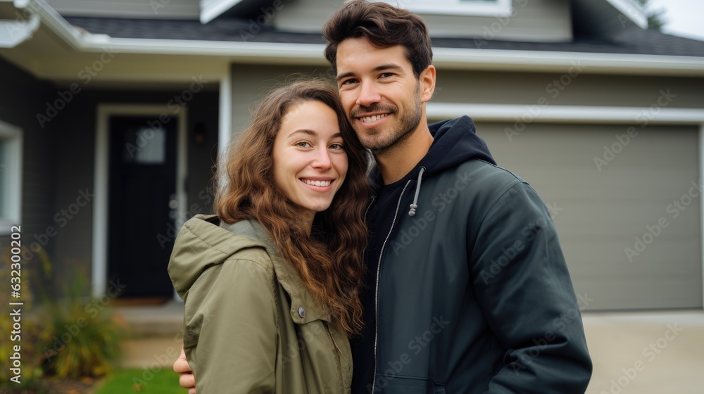 Happy young couple standing in front of new home. Husband and wife buying new house. Generative AI Happy young couple standing in front of new home. Husband and wife buying new house. Generative AI