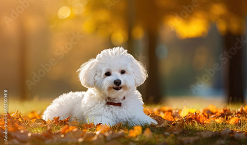 Canvas Print Happy bichon frise dog resting in autumn park
