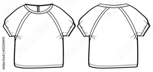 Baby girl raglan sleeve Crew neck T Shirt flat sketch fashion illustration drawing template mock up with front and back view. Toddler baby girl T shirt top cad vector template
