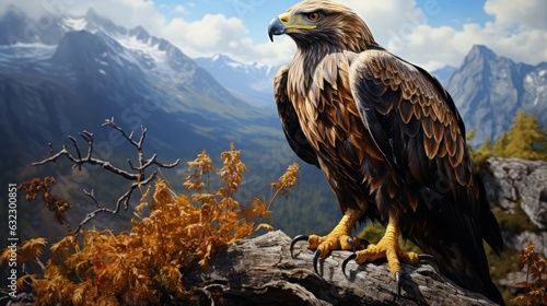 A beautiful golden eagle sitting and perching outdoors, digital art