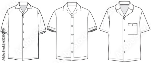 Men's short sleeve hawaiian resort shirt flat sketch illustration, Cuban collar mens aloha shirt for casual wear fashion illustration template mock up