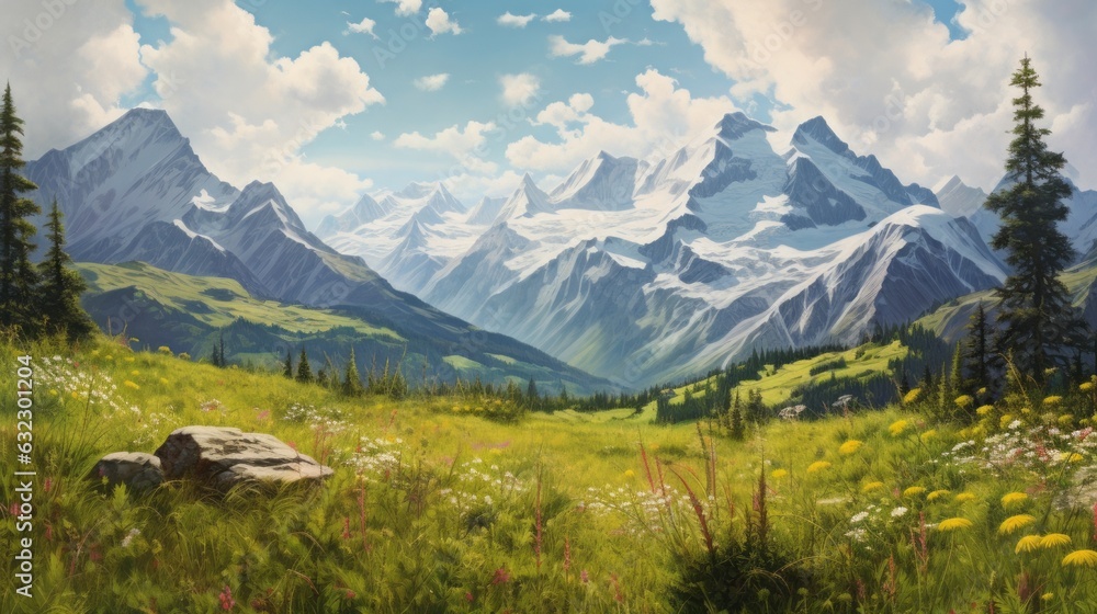 ultrarealistic landscape in the alps with green gras, blue sky and white clouds ultrarealistic landscape in the alps with green gras, blue sky and white clouds