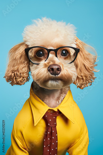 Portrait of a cute dog going to school. A pet, puppy educate and learn like a schoolboy. A business dog, dressed as a man. © Ljuba3dArt