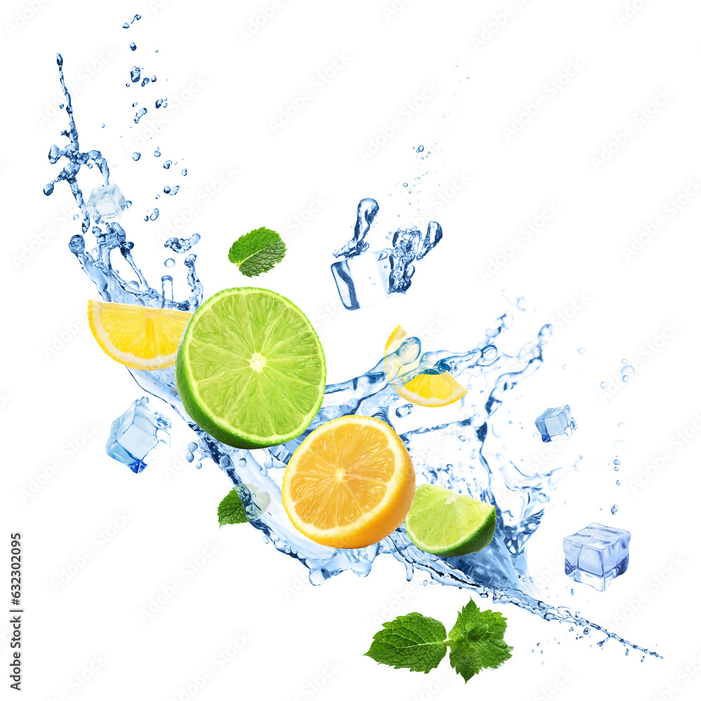 Flying juicy citrus fruits with cold ice, mint and splashing fresh water on white background Flying juicy citrus fruits with cold ice, mint and splashing fresh water on white background