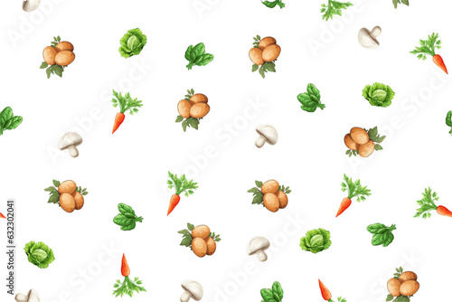 Pattern of vegetables potatoes, carrots, cabbage, champignons, spinach. Vector illustration © Vasili