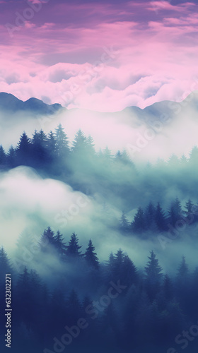 Aesthetic gradient pink and green foggy forest landscape phone hd wallpaper ai generated