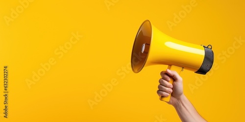 Generative AI, megaphone in hand on a empty yellow background, panoramic image with copy space