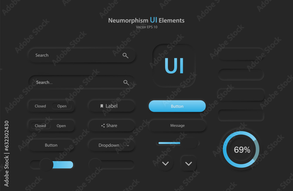 A collection of user interface elements for a mobile application. A set of icons for user interface development in black and blue. Buttons for mobile devices in the style of neumorphism, UI, UX A collection of user interface elements for a mobile application. A set of icons for user interface development in black and blue. Buttons for mobile devices in the style of neumorphism, UI, UX