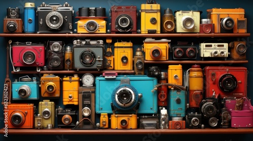 The collection of vintage cameras and photography equipment is meticulously arranged in the knolling style.