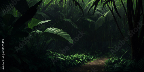 Wild jungle in night. Scary thicket of the rainforest. Dark tropical forest with exotic plants  palm trees  big leaves and ferns. Green vegetation illuminated by moonlight. Generative AI