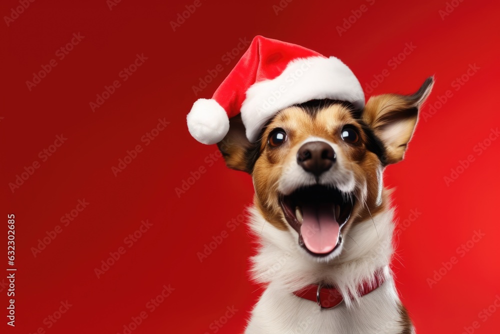 cute dog wearing santa hat on red background, AI Generated