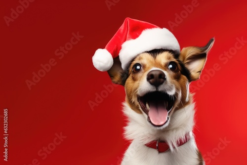 cute dog wearing santa hat on red background, AI Generated © dark_blade