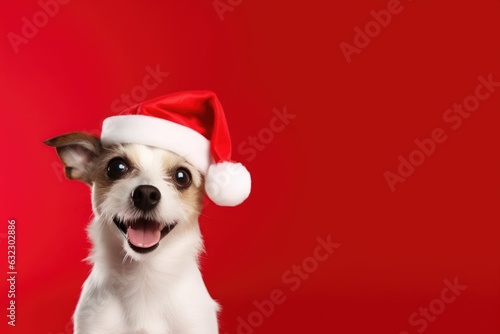 cute dog wearing santa hat on red background, AI Generated © dark_blade
