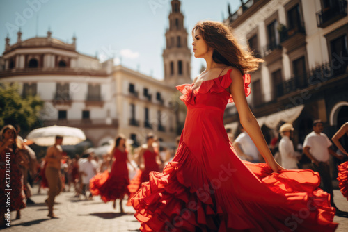 Beautiful flamenco dancer in traditional dance dress. Young woman dancing flamenco on oldtown square. Flamenco is traditional Seville dance in Spain