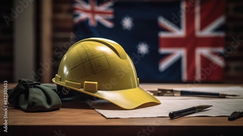 yellow protective helmet of builder or architect on a wooden table against the background of the flag. labor day in Australia. 