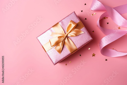 Gift box with golden satin ribbon and bow on pink background. Generative AI © barmaleeva