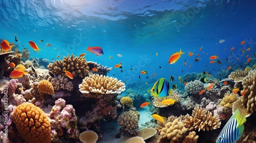  an underwater view of a coral reef with many colorful fish.  generative ai © Anna