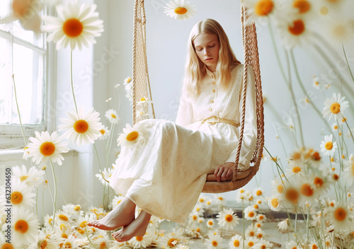 A swing in a white room with woman and flowers