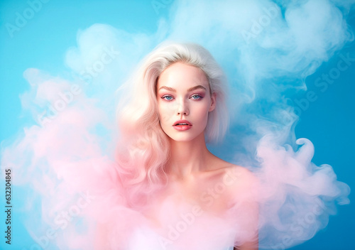Way to relax. Portrait of charming sad woman over blue smoke background in neon light.