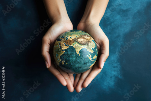 World Environment Day. Earth globe in woman's hands on a blue background. Generative AI