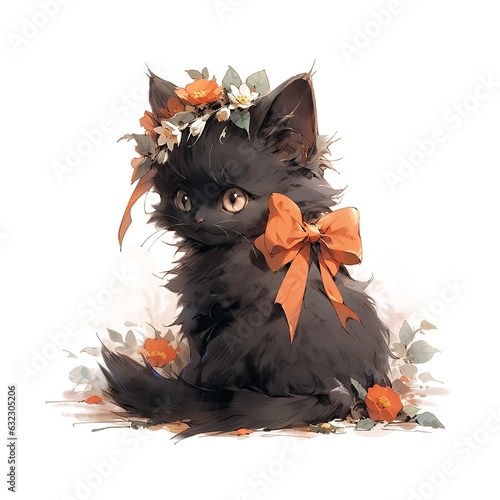 Halloween cute black kitten isolated on white background. Funny witch cat in floral wreath and bow. Watercolor children cartoon illustration. Autumn, fall holidays concept for textile, wallpaper