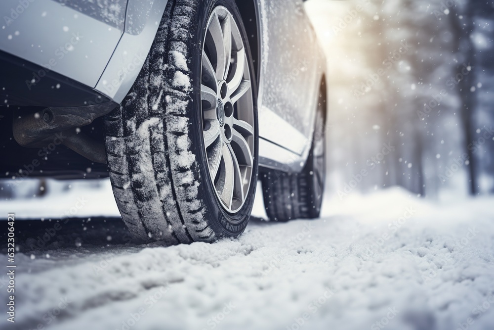 Car on winter tires drives through a snow-covered road. Seasonal change of tires from summer to winter