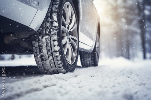 Obraz na płótnie Car on winter tires drives through a snow-covered road. Seasonal change of tires from summer to winter w salonie