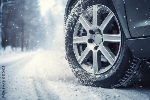 Obraz na płótnie Car on winter tires drives through a snow-covered road. Seasonal change of tires from summer to winter w salonie
