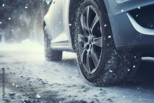 Car on winter tires drives through a snow-covered road. Seasonal change of tires from summer to winter © Daniel Jędzura