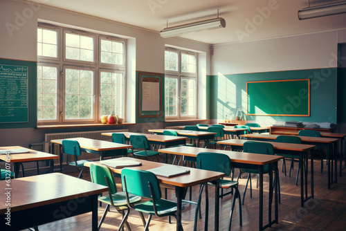 An empty classroom with desks neatly arranged in row