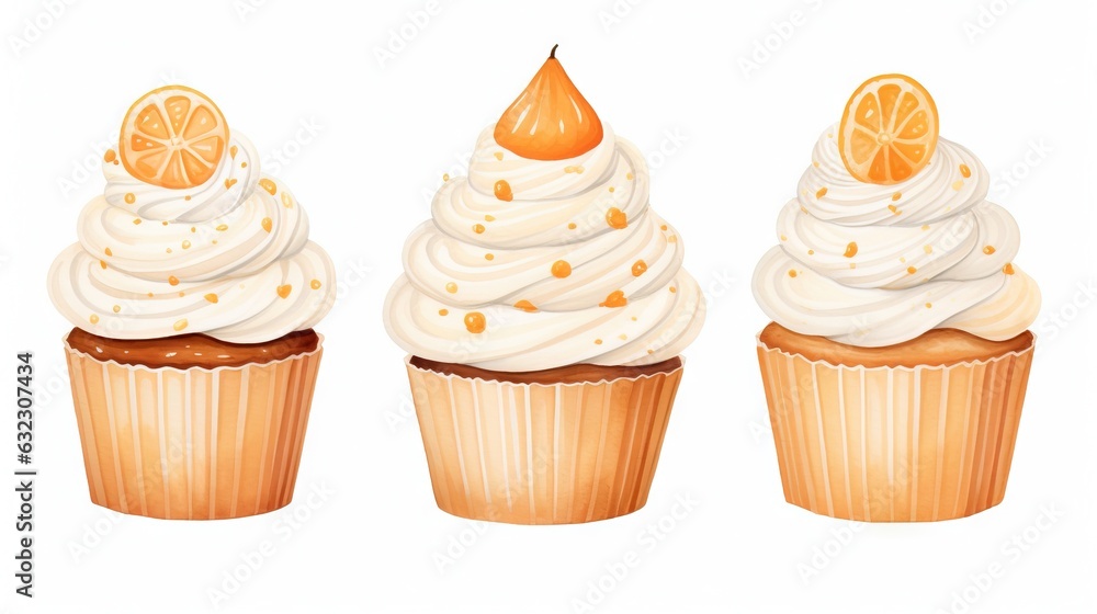 three cupcakes with white frosting and orange slices. generative ai three cupcakes with white frosting and orange slices. generative ai