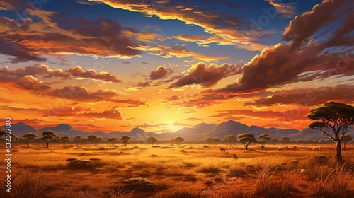  a painting of a sunset in a desert with trees and mountains. generative ai
