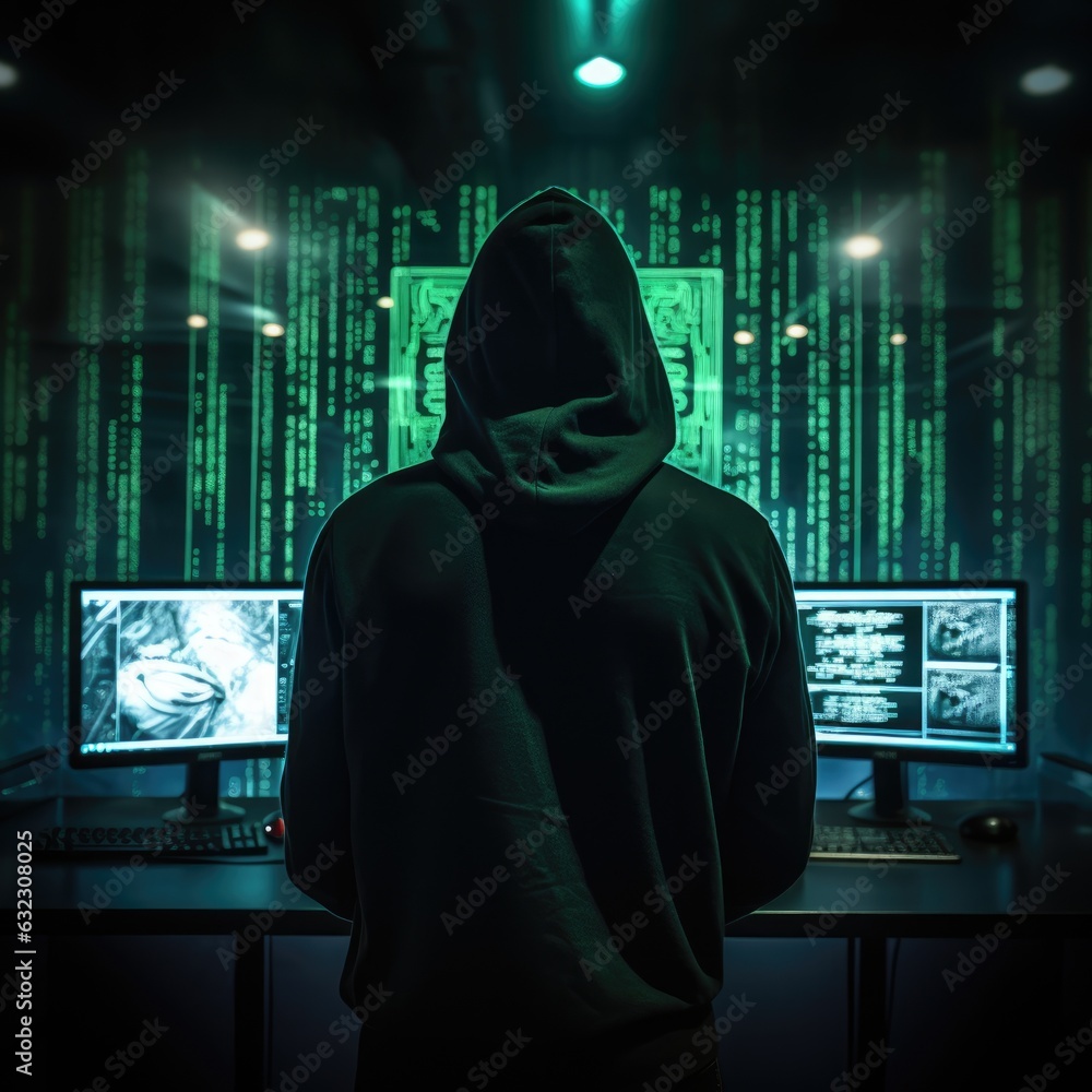 Hooded hacker in a dark room with computer monitors and binary code Hooded hacker in a dark room with computer monitors and binary code
