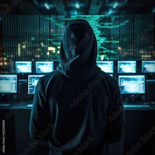 Hooded hacker in a dark room with computer monitors and binary code