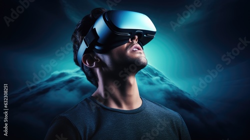 Young man wearing VR glasses. Modern technology, metaverse concept