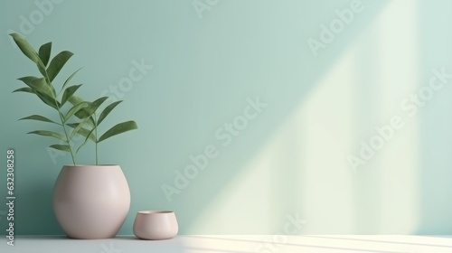 Mock up with blurred shadow and palm leaves on the light pastel color wall. Minimal abstract background for product presentation, showcase