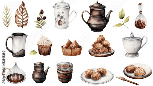  a watercolor painting of a variety of coffee and pastries. generative ai