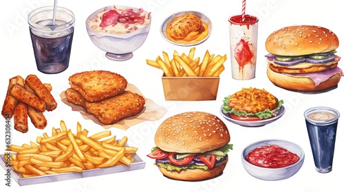  a painting of a variety of food items including fries, burgers, and sodas. generative ai