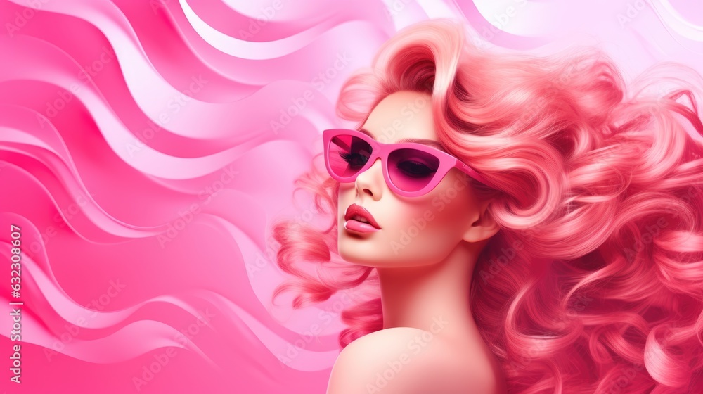 Fashion portrait of beautiful woman with pink hair and sunglasses on pink background Fashion portrait of beautiful woman with pink hair and sunglasses on pink background