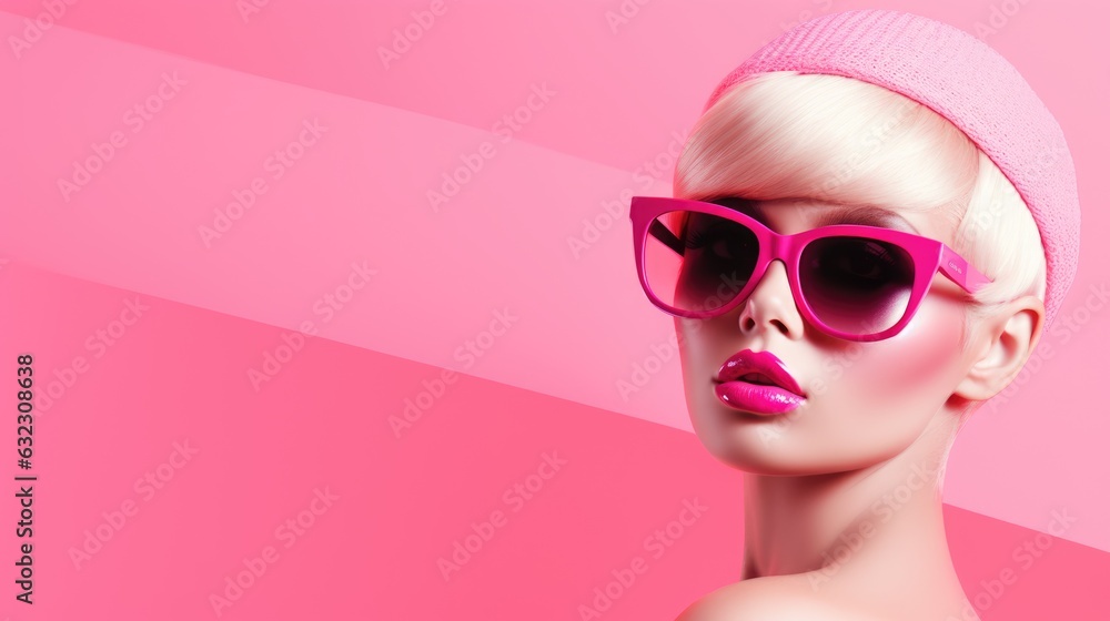 Fashion portrait of beautiful woman with pink hair and sunglasses on pink background Fashion portrait of beautiful woman with pink hair and sunglasses on pink background