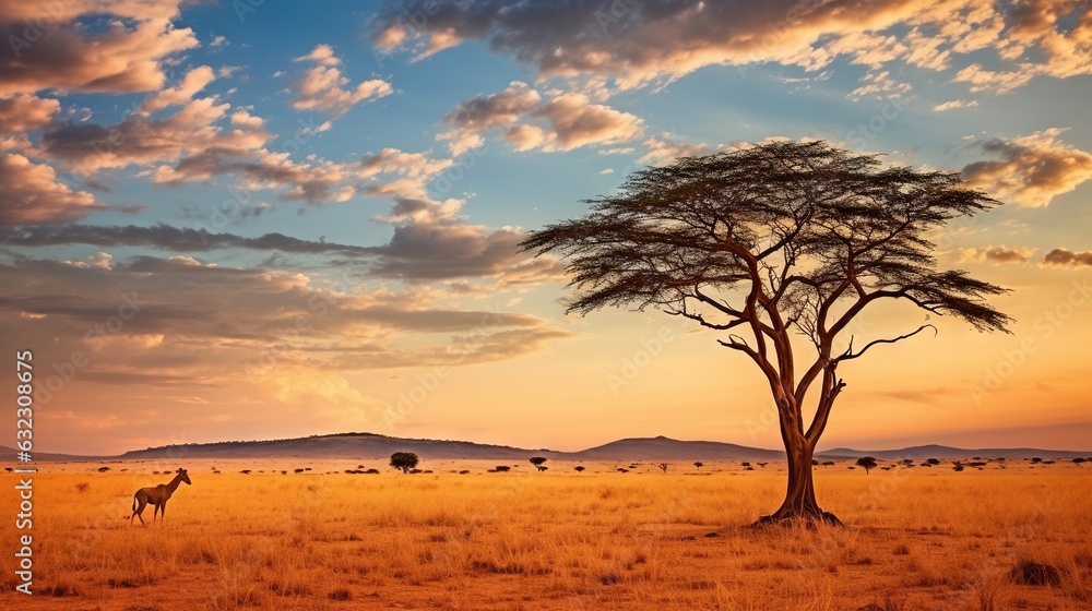  a giraffe standing next to a tree on a dry grass field.  generative ai